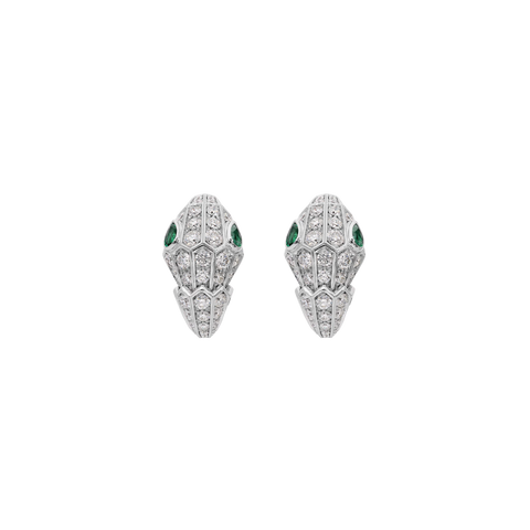 Serpenti Earings White Gold Set with emerald Eyes and pavé diamonds